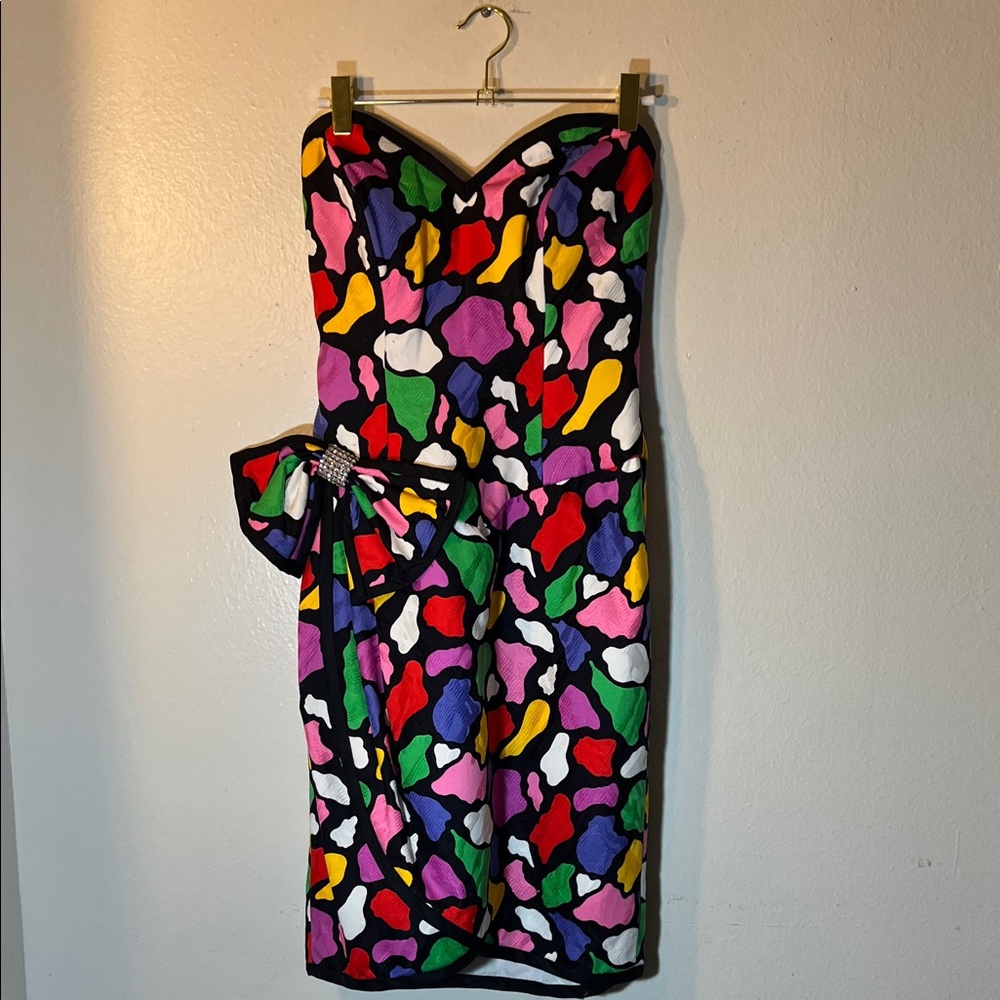 Lillie Rubin Colorful Mosaic Sweetheart Strapless Bow Party Dress XS 4 Vintage